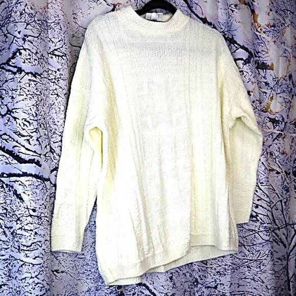 IVORY CABLEKNIT SWEATER 2X Vintage 90s USA Patterned Cream Pastel Work Office - Picture 2 of 7